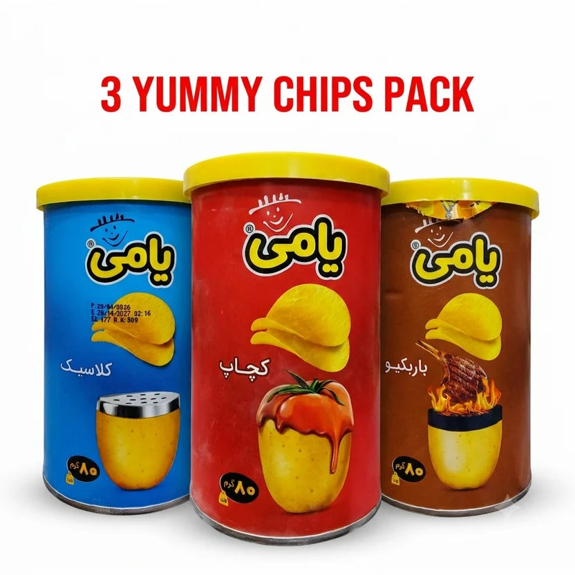 Yummy Potato Chips Variety 3-Pack – Classic, Ketchup & BBQ (3 x 80g Canisters)