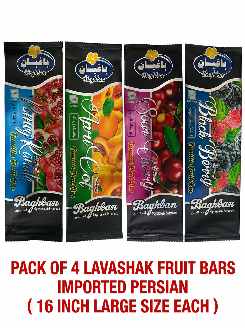 Baghban Imported Persian Lavashak Fruit Bars Variety Pack – Pack of 4 (Large 16-Inch Bars)